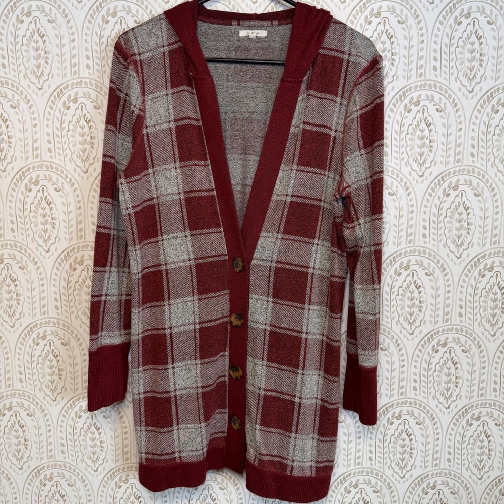 Maurices Womens Plaid Hooded Cardigan Sweater Burgundy Gray Button Front Small